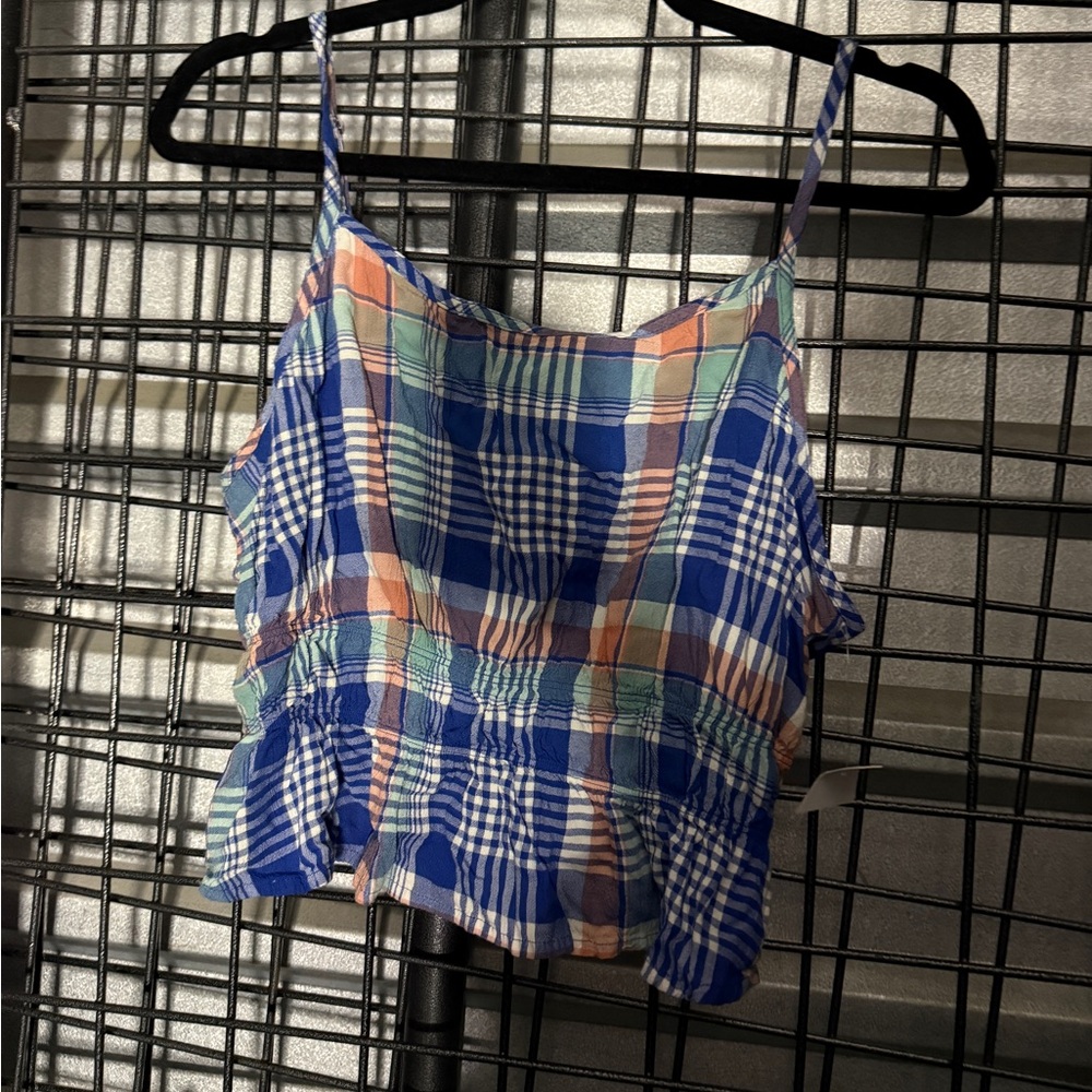 4/$25 cropped tank Blue Plaid Spaghetti Strap Crop Top juniors large l checks A7